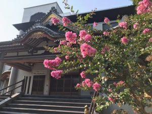 寺とサルスベリの花